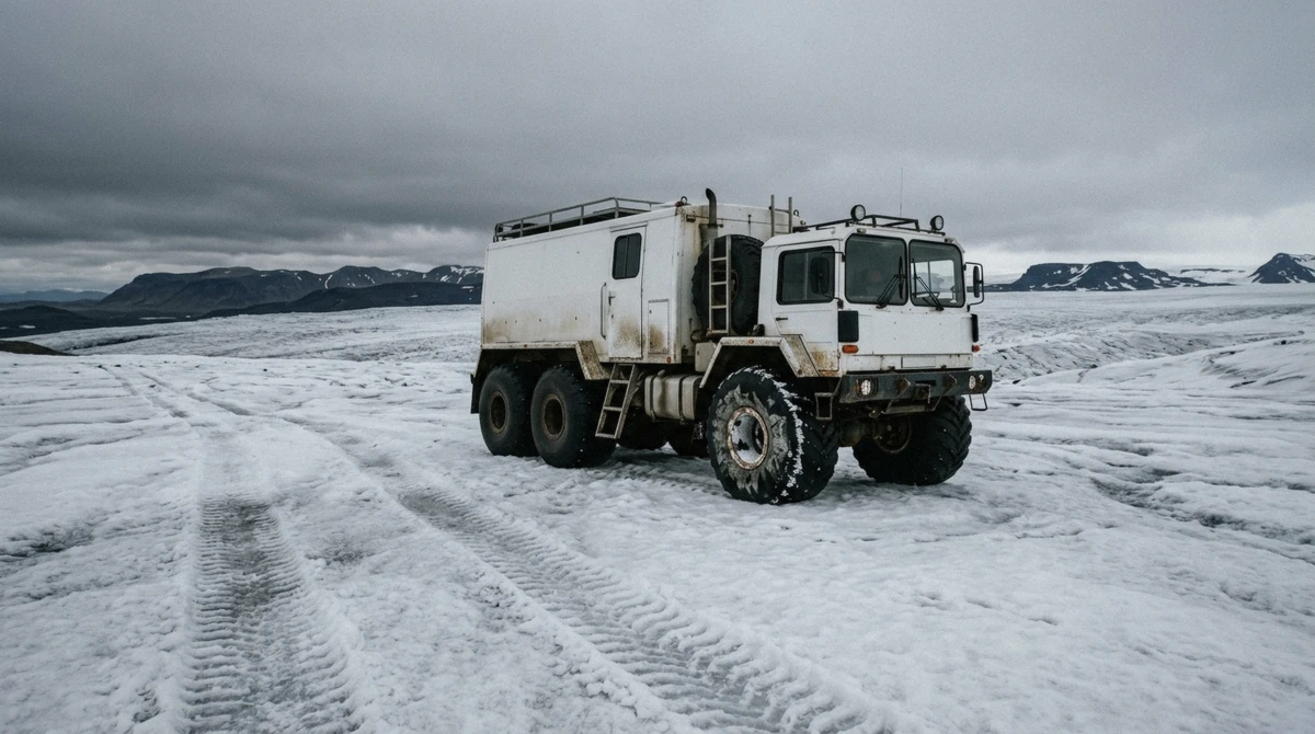 A modified glacier truck on the Langjökull ice cap, the vehicle used on a Langjökull ice tunnel tour from Reykjavík