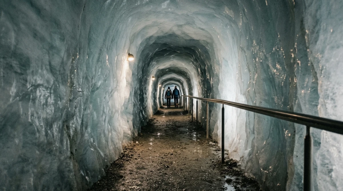 Lit corridor inside the man-made ice tunnel on a Langjökull ice tunnel tour from Reykjavík