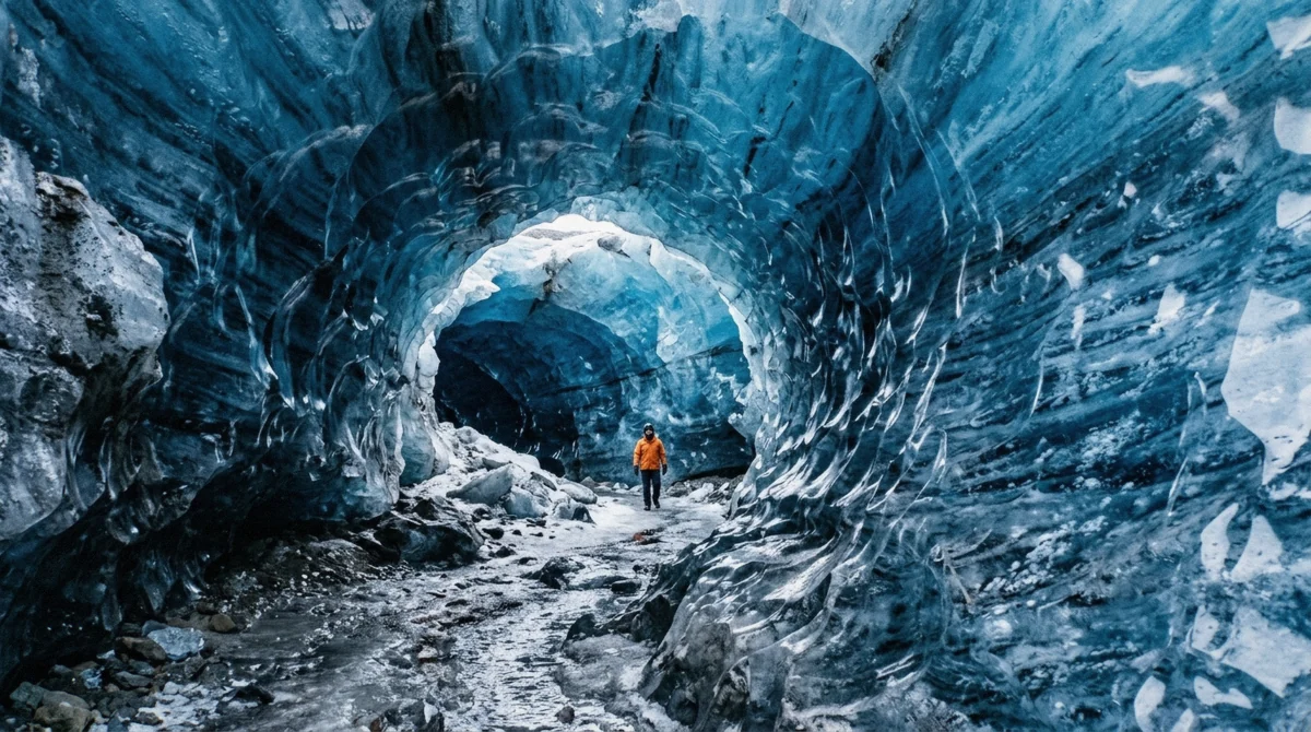 Banded blue walls inside a crystal ice cave in Breiðamerkurjökull, the classic stop on an Iceland ice cave day tour