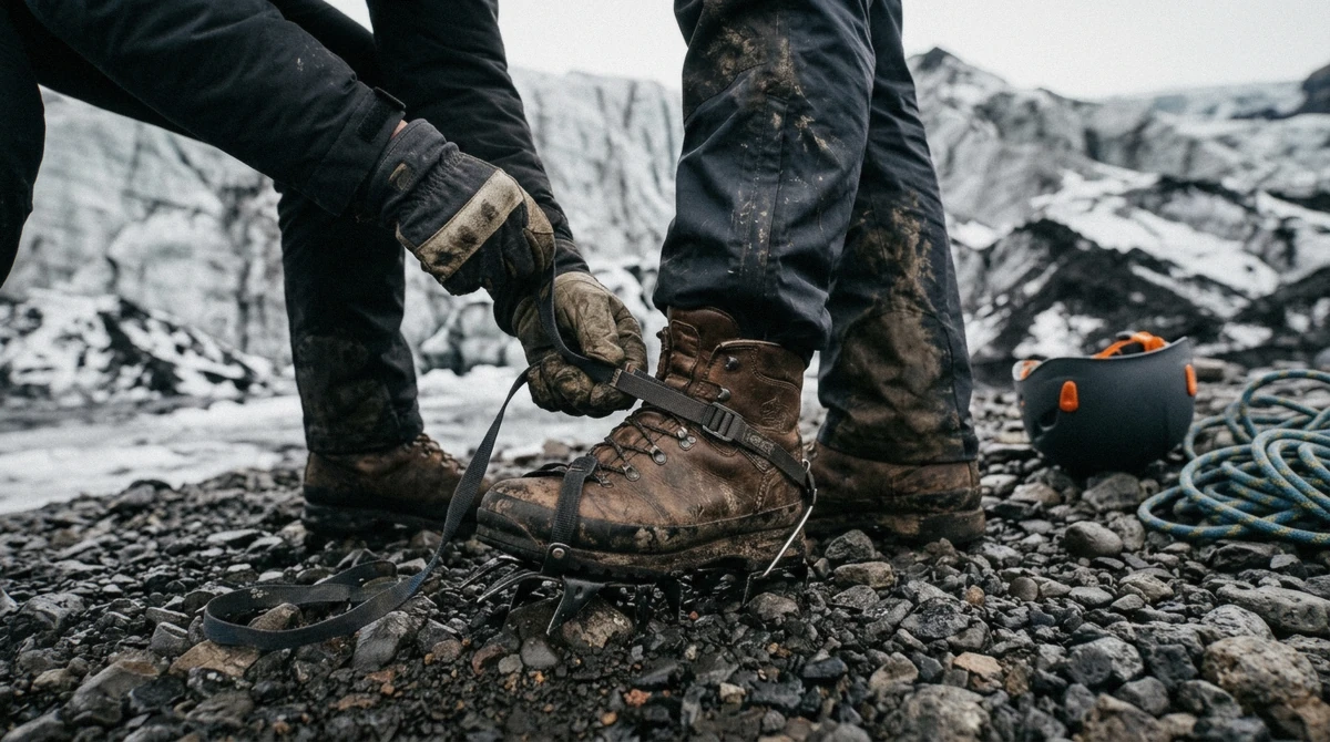 A guide strapping crampons onto a visitor's hiking boots at the edge of the ice before an Iceland ice cave day tour