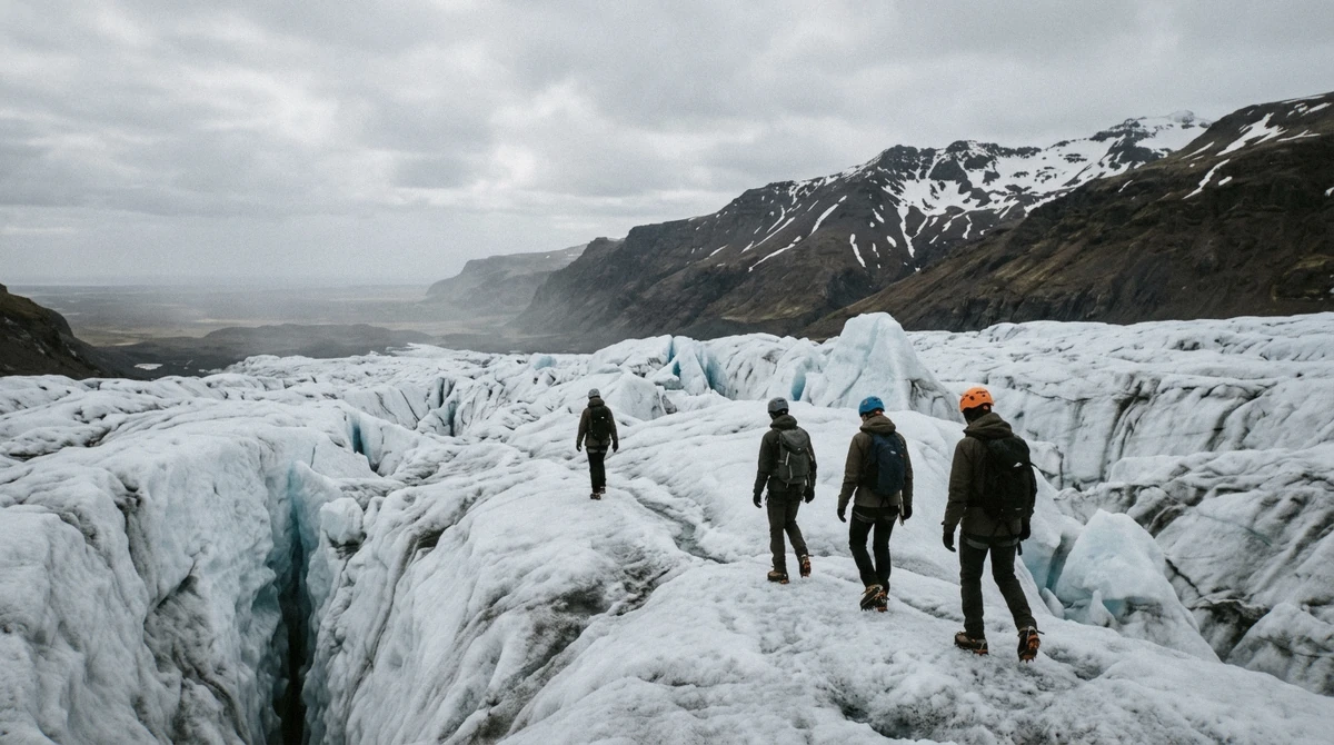A roped line of hikers crossing crevassed ice on Falljökull towards the blue cave on a Skaftafell Iceland ice cave day tour