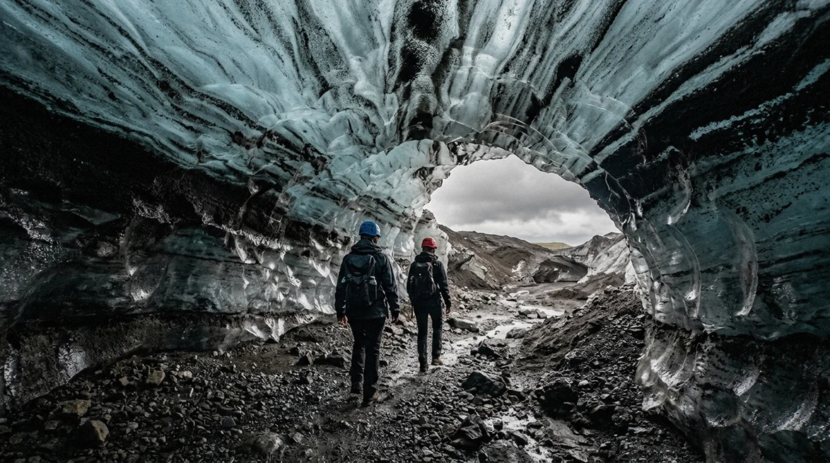 Layers of volcanic ash running through the blue ice roof of the Katla cave under Mýrdalsjökull on a year-round Iceland ice cave day tour